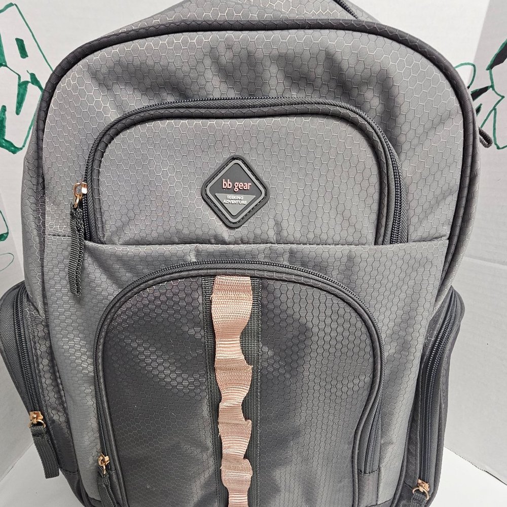 BB Gear by Baby Boom Backpack Diaper Bag Gray and Pink   Front zippered tricot-l
